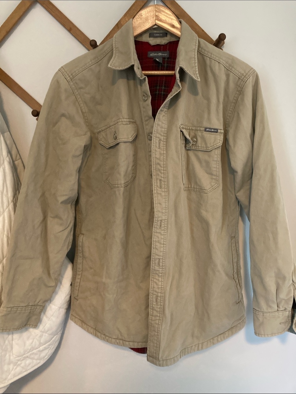 Eddie Bauer Khaki Canvas Shirt Jacket with Red Plaid Lining